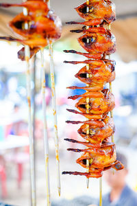 Small chickens roasted on skewers above a barbecue. vietnam.