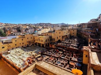 High angle view of townscape against clear sky