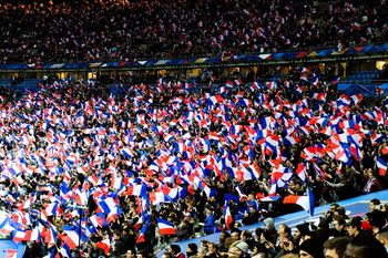 French audience with flags in soccer stadium