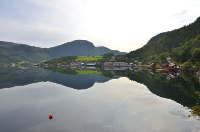 Scenic view of lake and mountains against sky