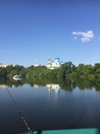 Scenic view of lake against blue sky