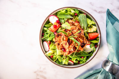High angle view of food in bowl on table
