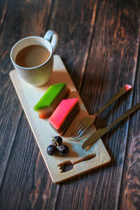 High angle view of coffee cup on table