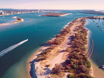 High angle view of bay against sky