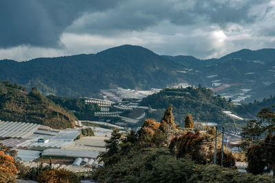 High angle view of townscape and mountains against sky