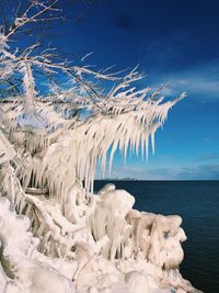 Panoramic view of frozen sea against blue sky