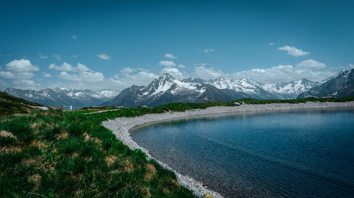 Scenic view of snowcapped mountains against sky