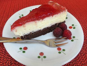 High angle view of cake in plate on table