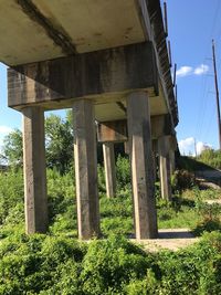 Low angle view of bridge in field against sky