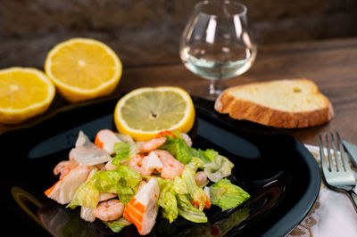 High angle view of meal served on table