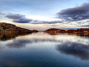 Scenic view of lake against sky at sunset