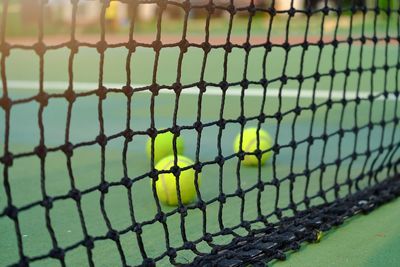 Close-up of green ball on metal fence