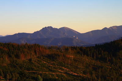 Scenic view of mountains against clear sky during sunset