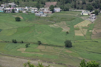 High angle view of agricultural field by houses and trees