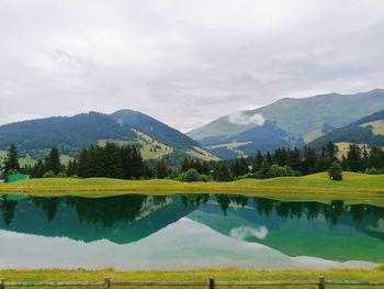 Scenic view of lake and mountains against sky