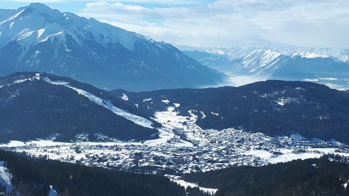 Aerial view of snow covered town