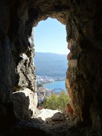 Lake ohrid seen from arch window of old ruin