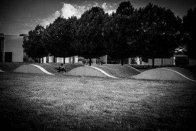 Trees on field in park against sky