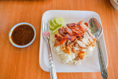 High angle view of meal served on table