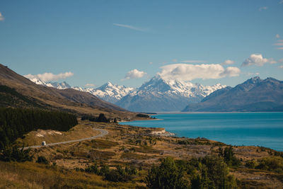 Scenic view of mountains and sea against cloudy sky