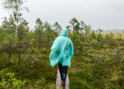 Rear view of man walking in forest