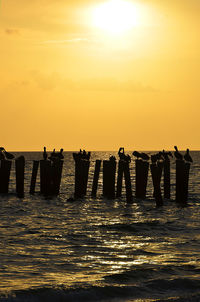 Silhouette people standing by sea against sky during sunset