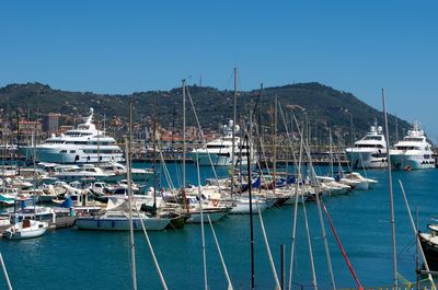 Sailboats moored in harbor against clear blue sky