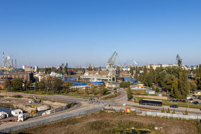 High angle view of cityscape against clear sky