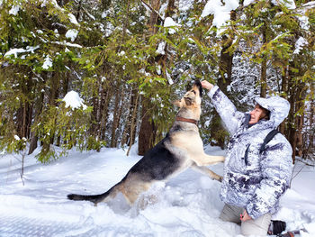 Dog running on snow covered field