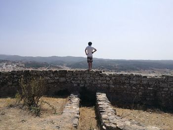 Rear view of man standing on stone wall against clear sky