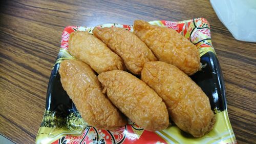 High angle view of food in plate on table