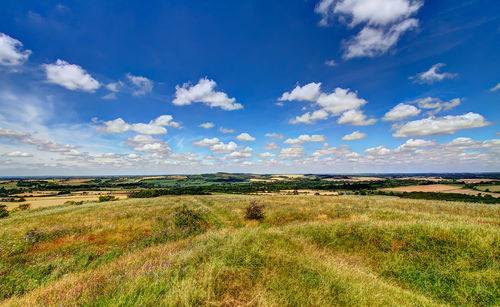 Scenic view of grassy field against cloudy sky