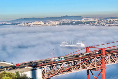 Bridge over river against sky in city