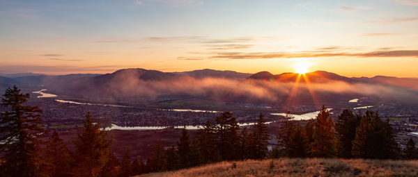 Scenic view of mountains against sky during sunset