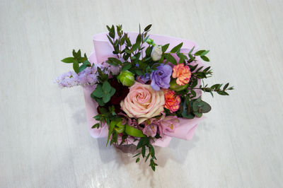 High angle view of rose bouquet on table
