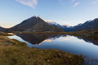 Scenic view of lake and mountains against sky