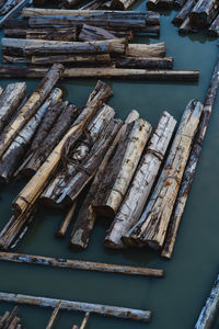 High angle view of old boats in water