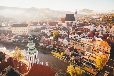 High angle shot of townscape against sky