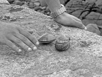 Cropped hand of person touching clam on wall outdoors