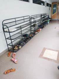 High angle view of chairs on table