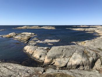 Scenic view of sea against clear blue sky