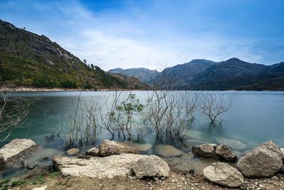 Scenic view of lake and mountains against sky