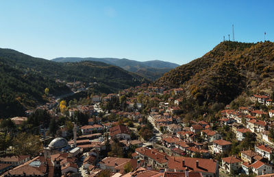 High angle view of mountains against clear sky