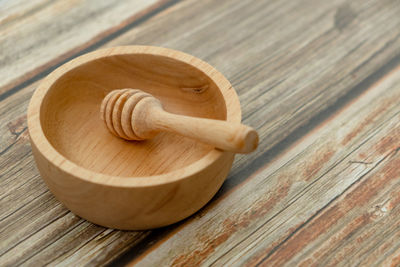 High angle view of bread on wooden table