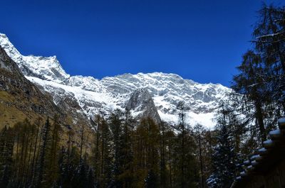 Low angle view of snowcapped mountains against clear blue sky