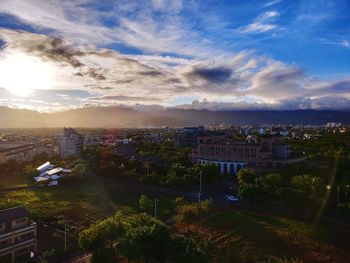 High angle view of townscape against sky at sunset