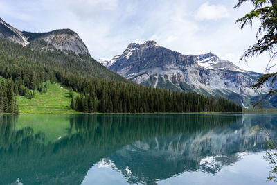 Scenic view of lake by snowcapped mountains against sky