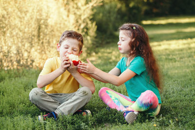 Cute sibling eating apple while sitting on grass