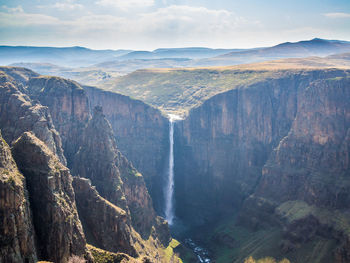 Panoramic view of maletsunyane waterfall against dramatic sky, semonkong, lesotho, africa