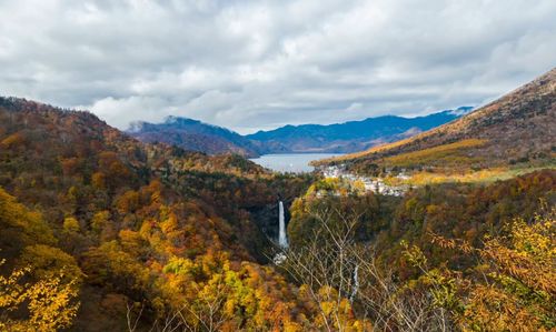 Scenic view of mountains against sky during autumn